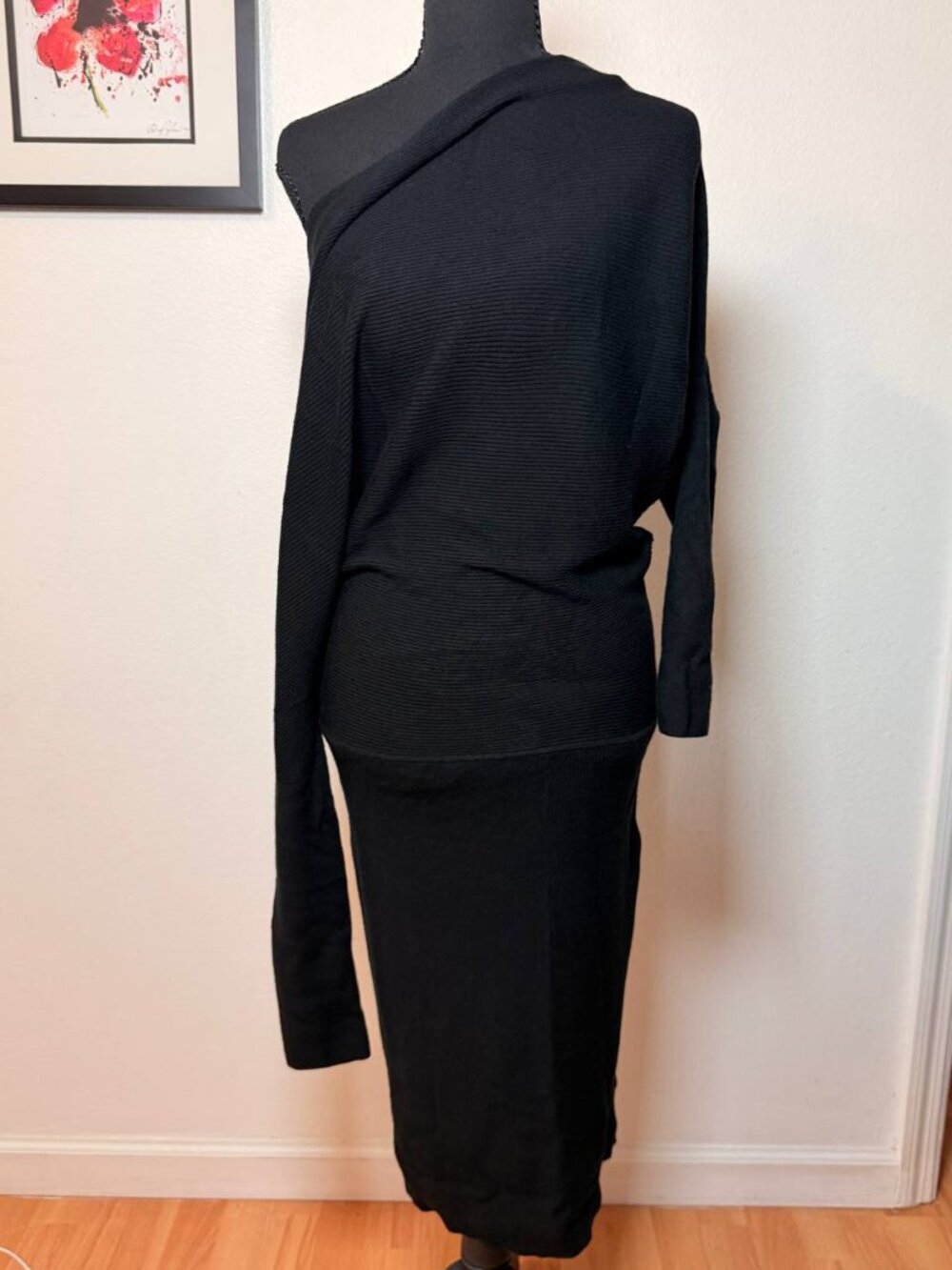 Banana Republic Black Off-Shoulder Ribbed Sweater Dress M Chic Draped Knit